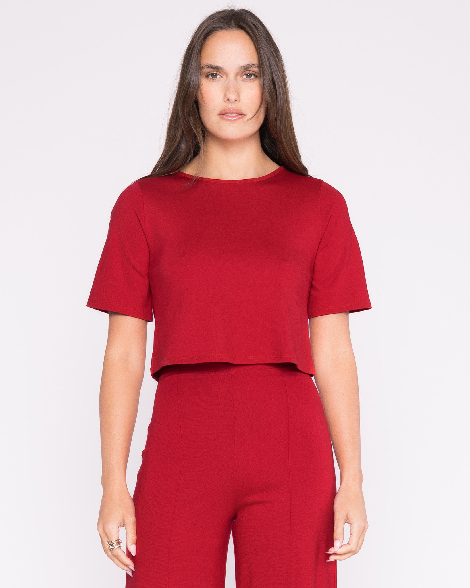 Ponte Knit Short Sleeve Top-Red