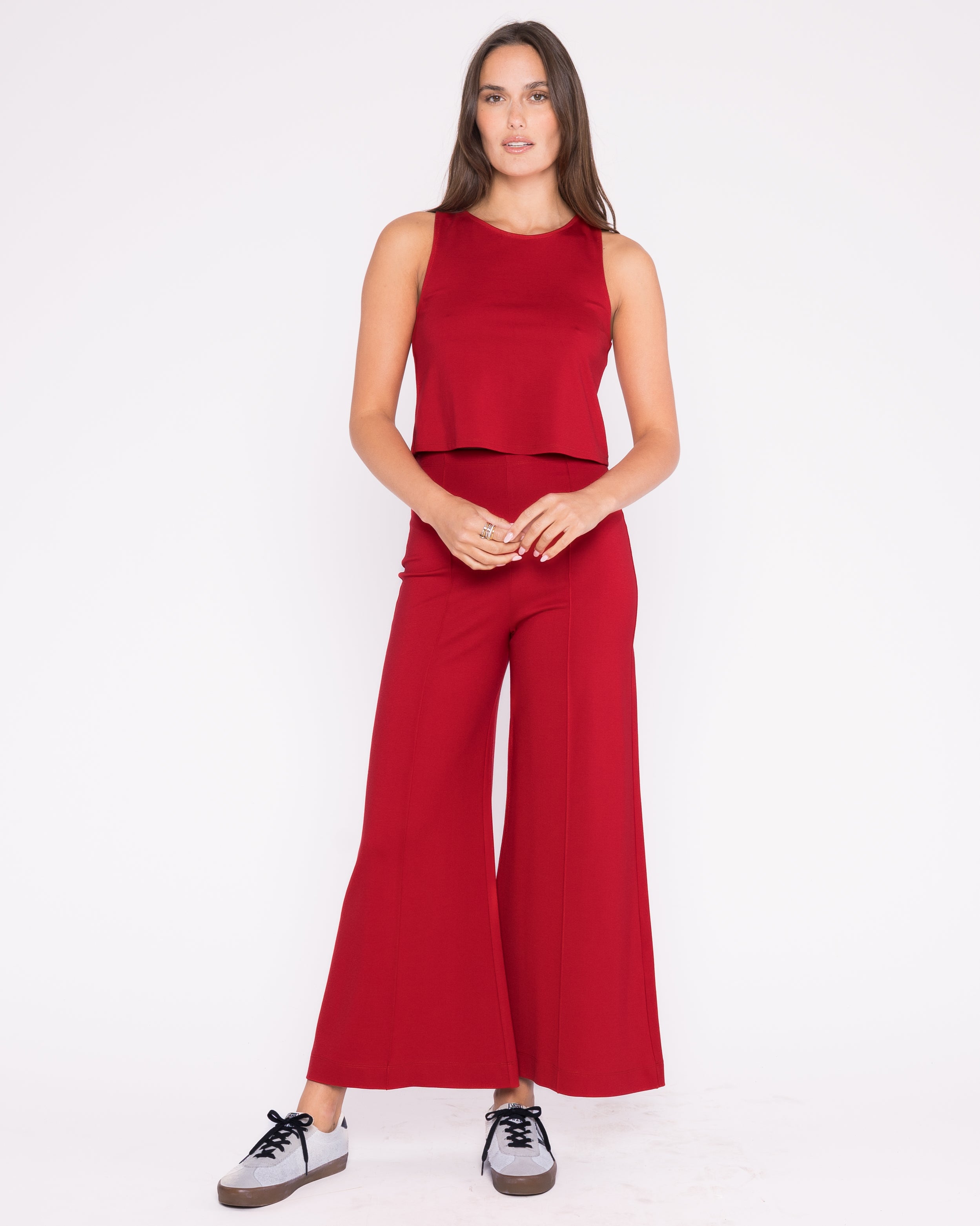Ponte Knit Cropped Wide Leg- Red