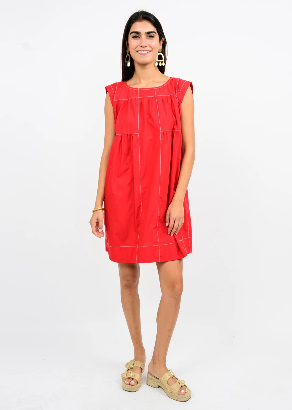 Topstitched Red Dress