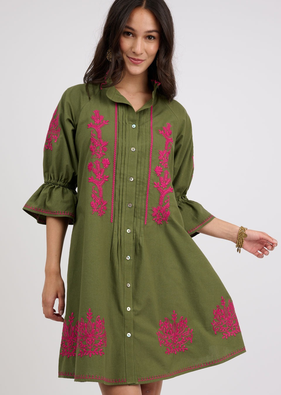 Green Embroidered Flare Dress