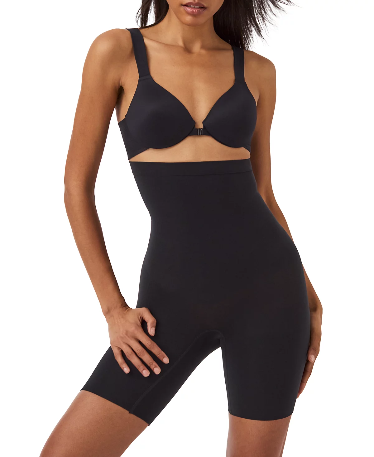 High-Waisted Mid-Thigh Shaping Shorts - Very Black