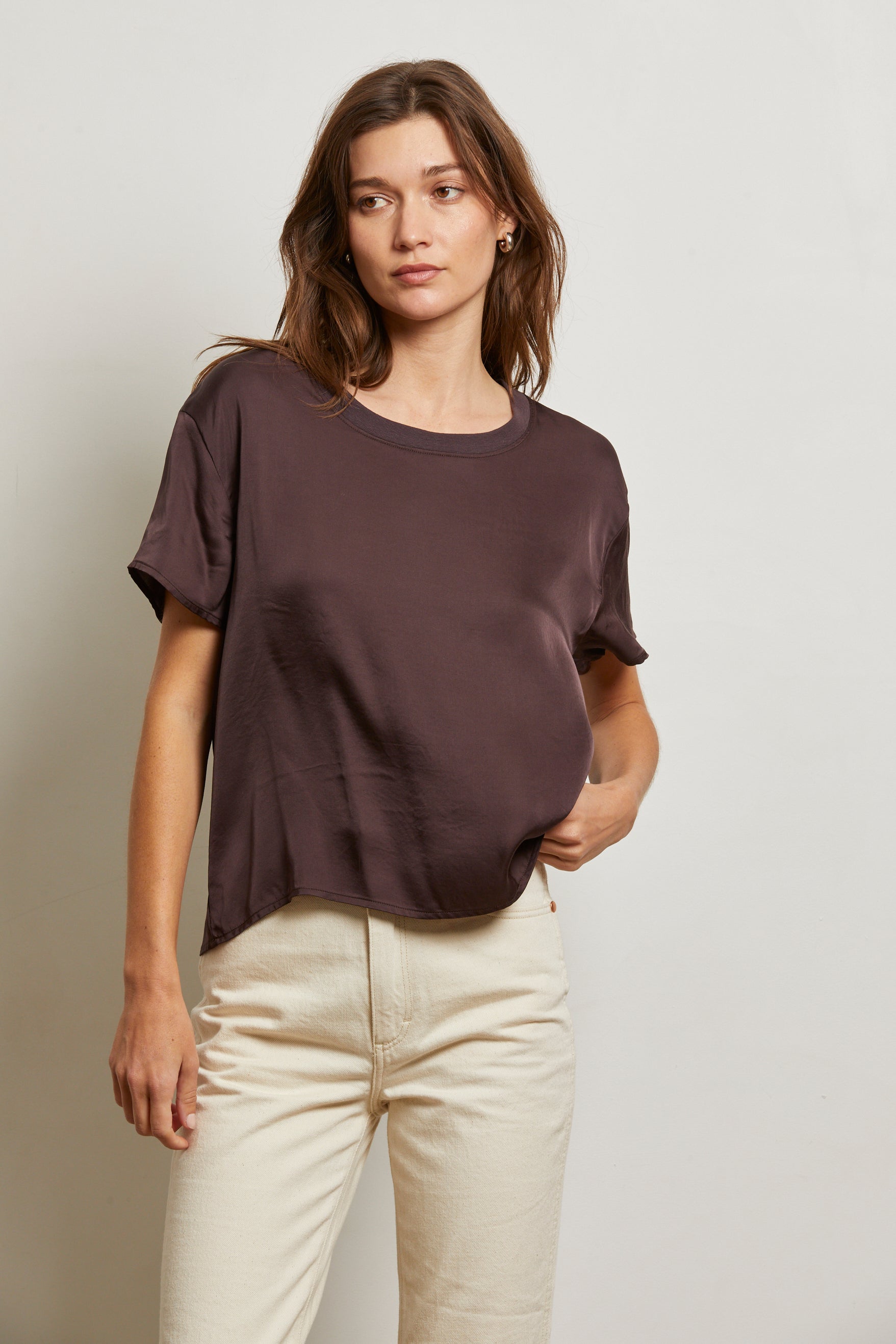 Delphine Satin Crewneck-Cocoa