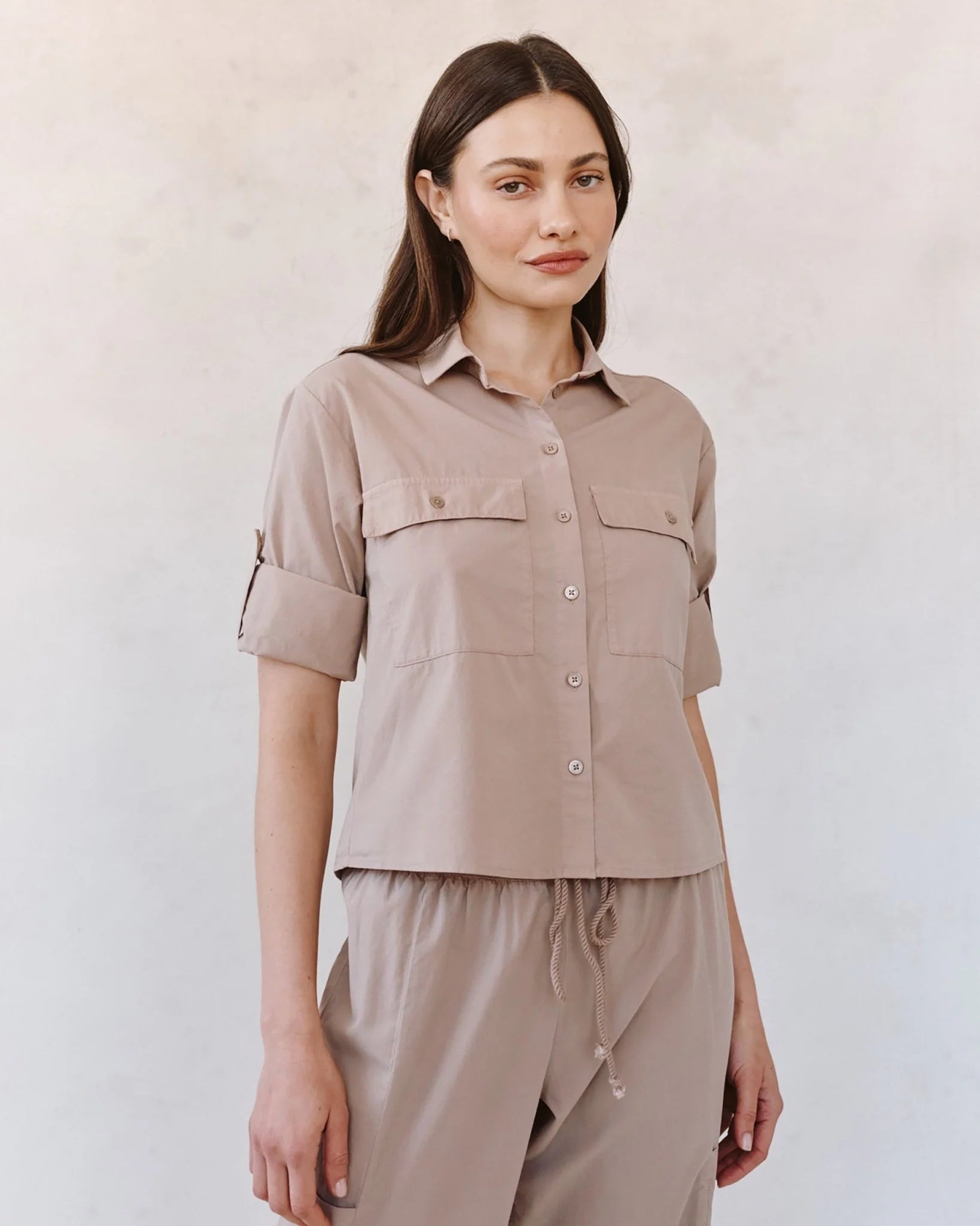 Bella Dahl Long Sleeve Crop Utility Shirt-Soft Dune