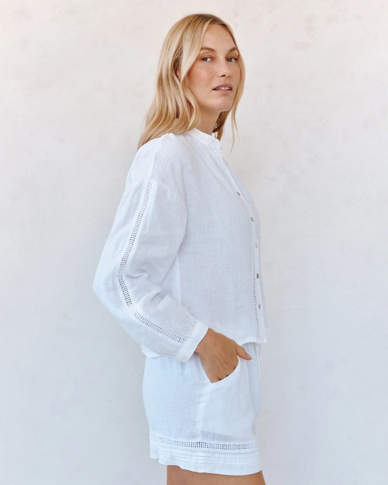Mandarin Collar Trimmed Button Down-White