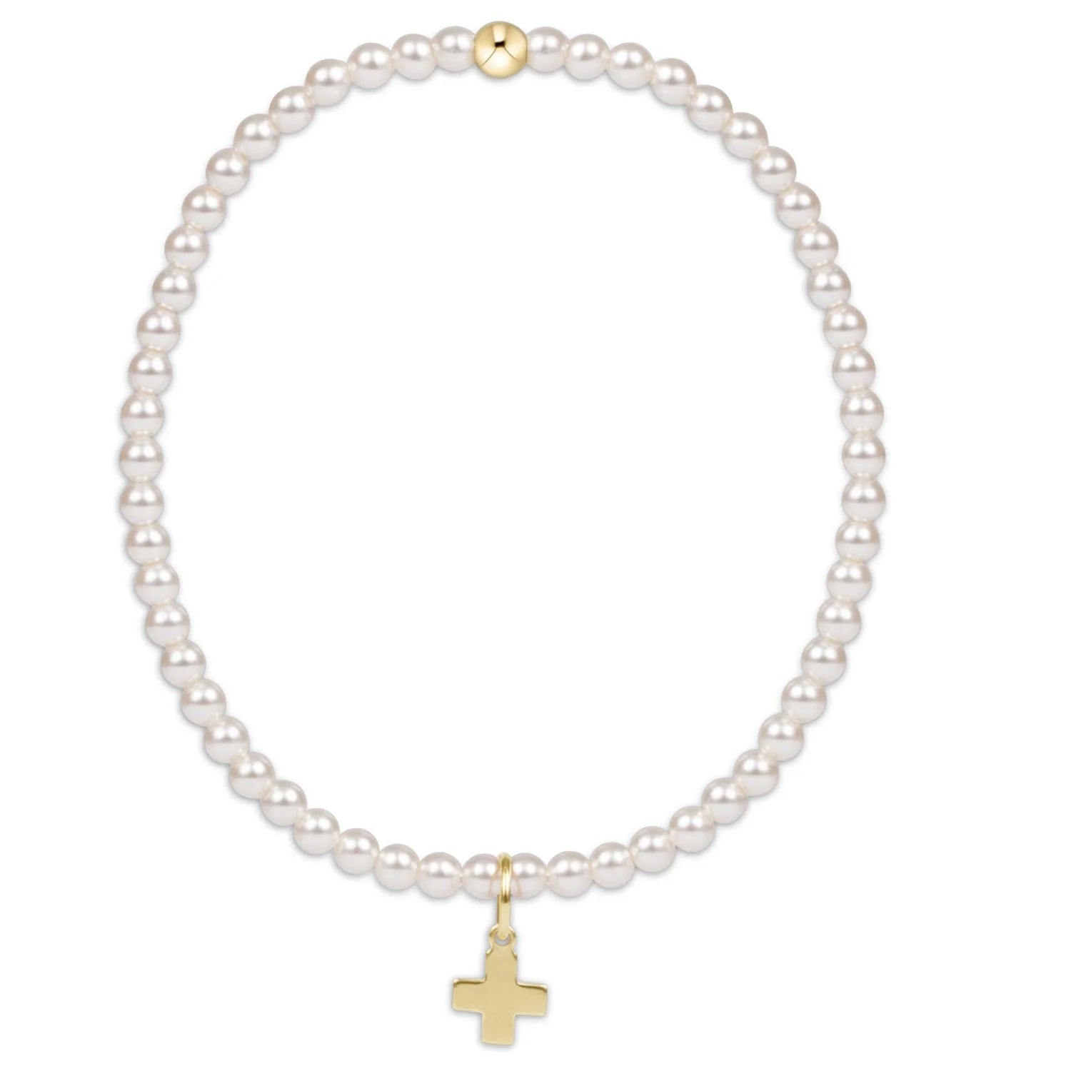 EN-Classic Pearl 3mm Bead Bracelet-Sig. Cross Gold Charm