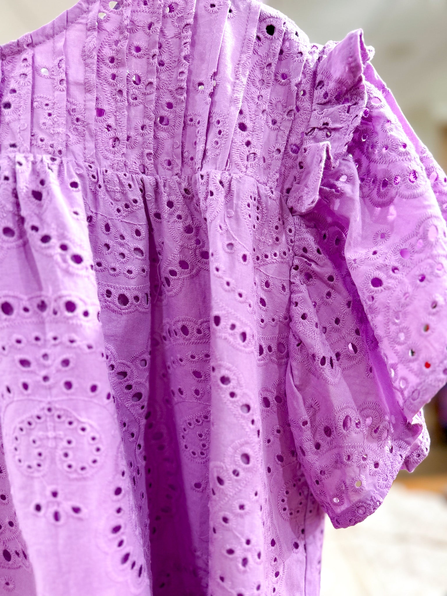 Tucked Detail Eyelet Lace Top-Lilac