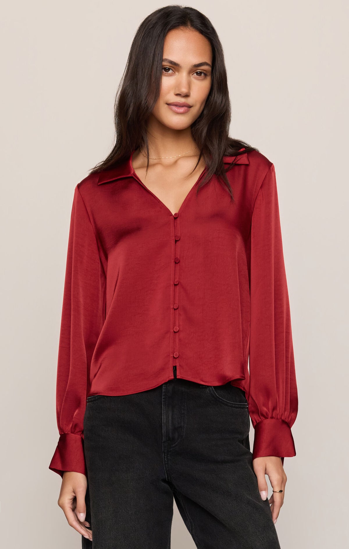Late Night Luxe Button Up-Red Dahlia