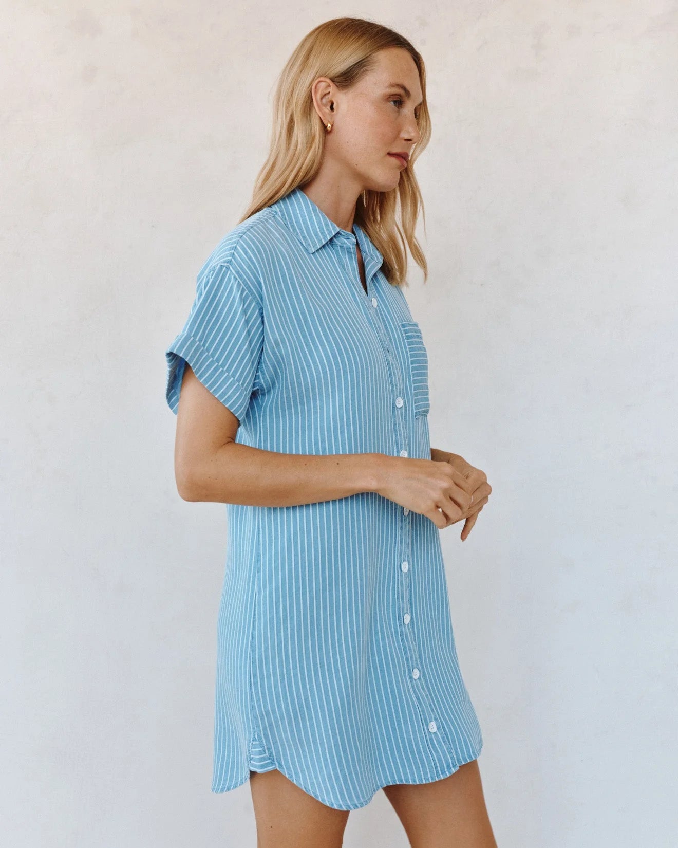 Roll Sleeve Pocket Shirt Dress-Coastal Stripe Wash