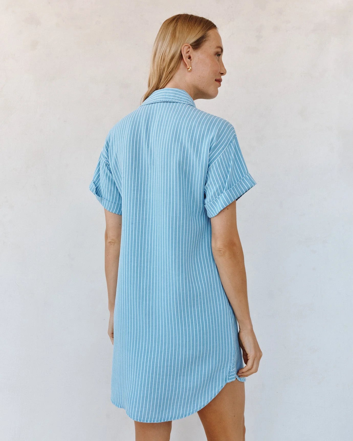 Roll Sleeve Pocket Shirt Dress-Coastal Stripe Wash