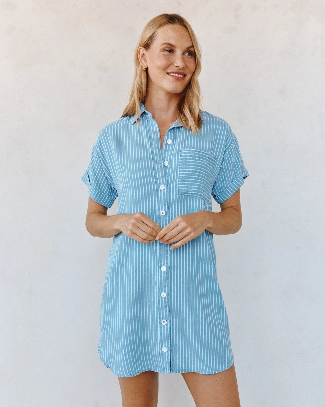Roll Sleeve Pocket Shirt Dress-Coastal Stripe Wash