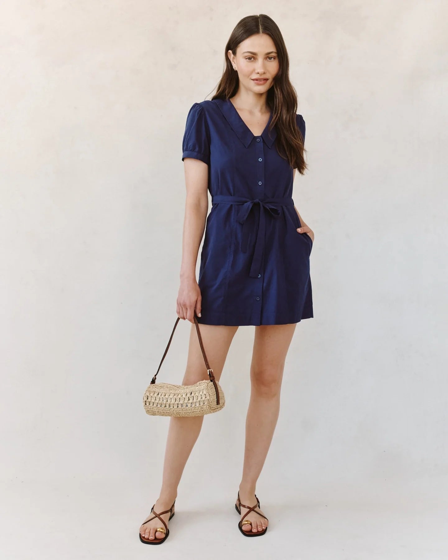 Bella Dahl-Short Sleeve Seamed Puritan Collar Navy Dress