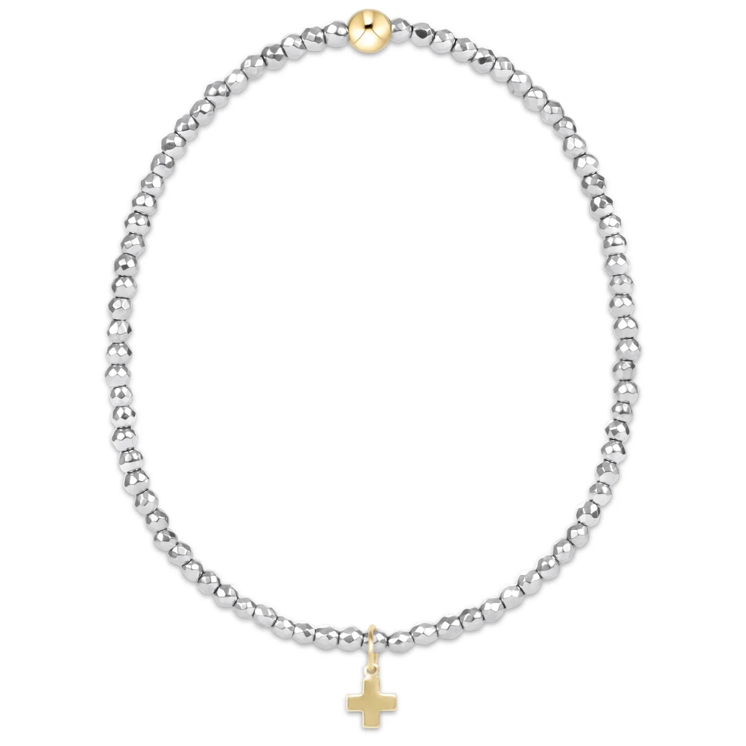 EN-Silver Faceted Hematite 2mm Bead Bracelet-Signature Cross Gold Charm