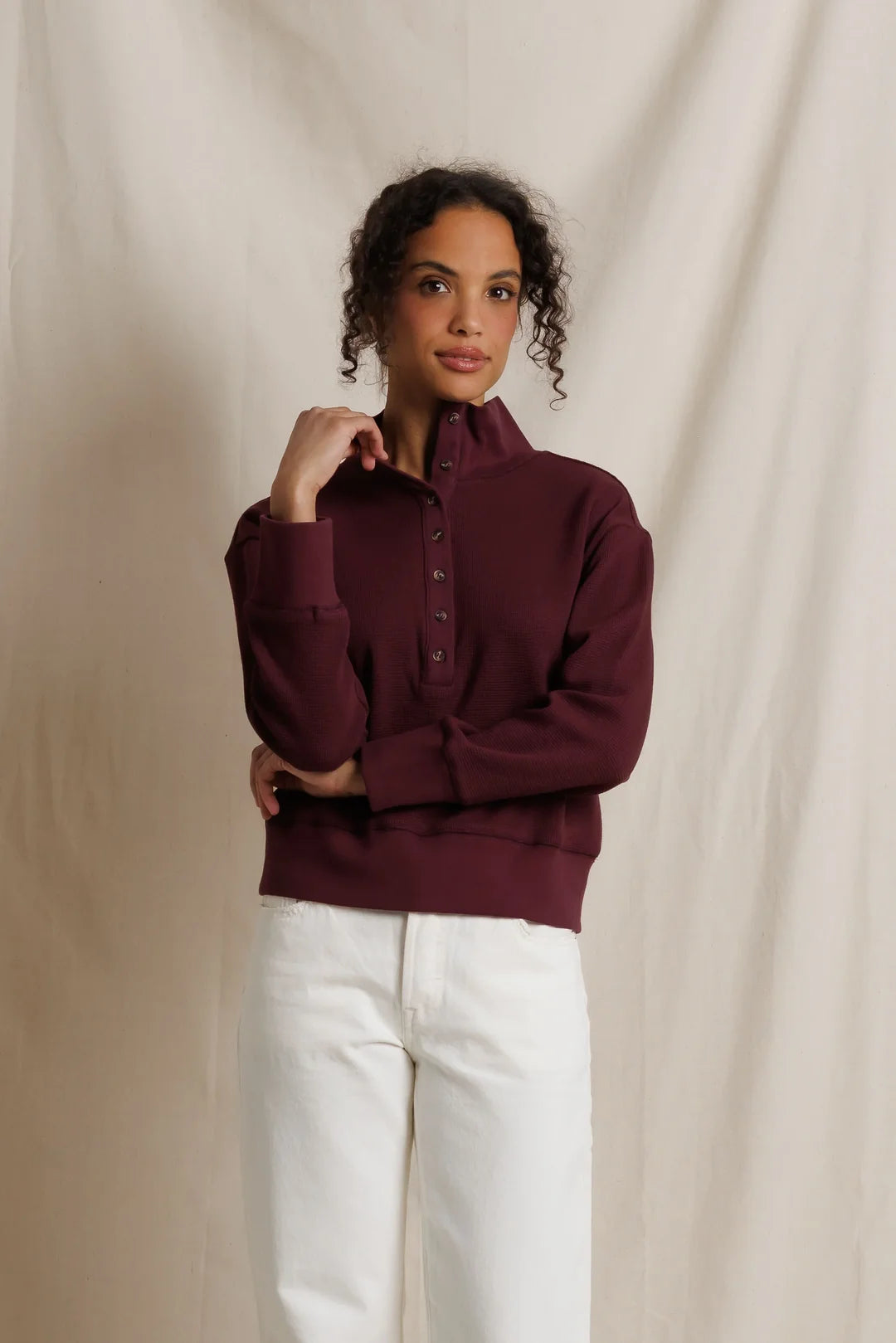 Zia Waffle Knit Popover Collar Pullover--Cherry Lacquer