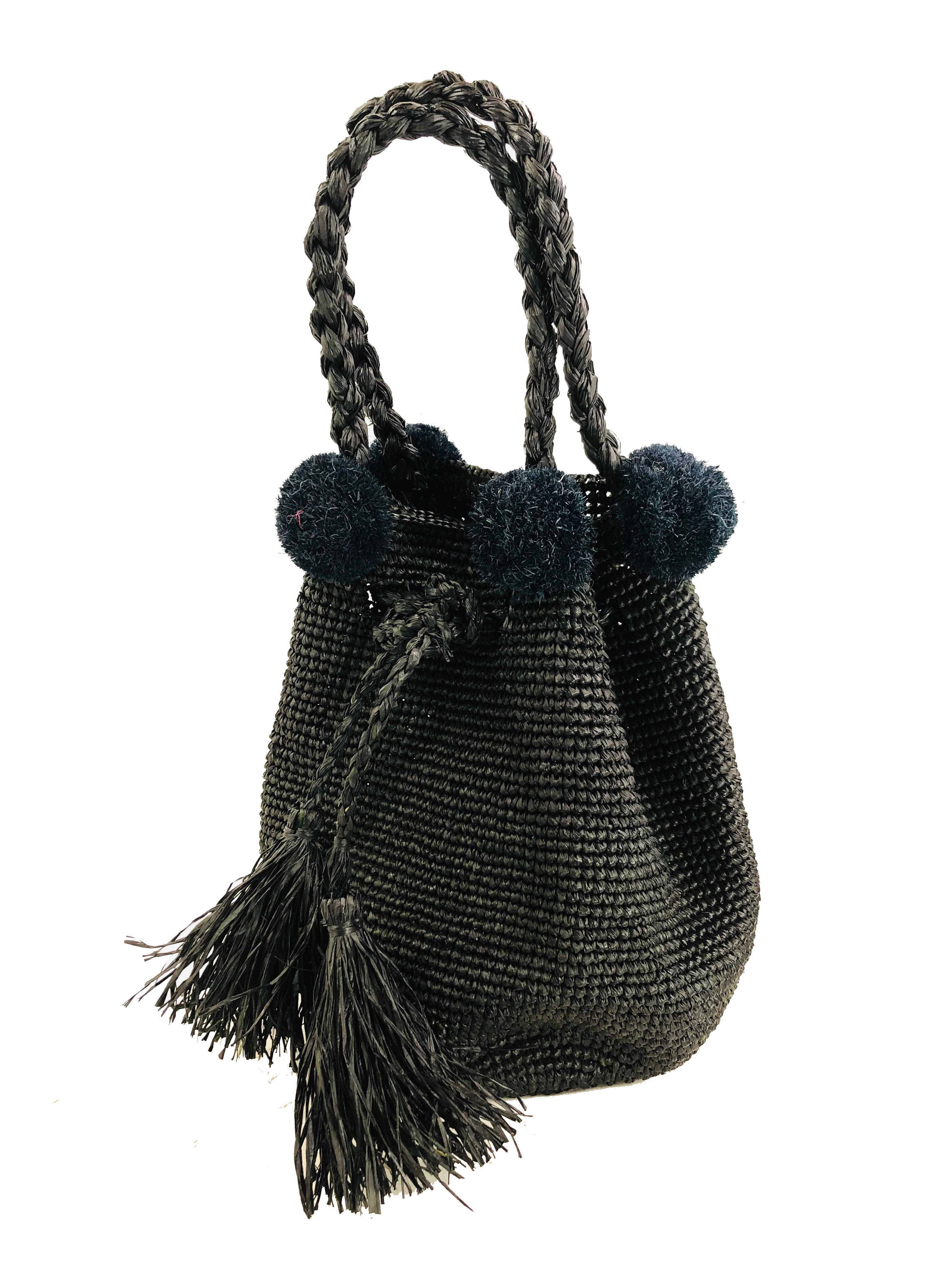 Hobo Crochet Straw Handbag with Pompom Accents-Black