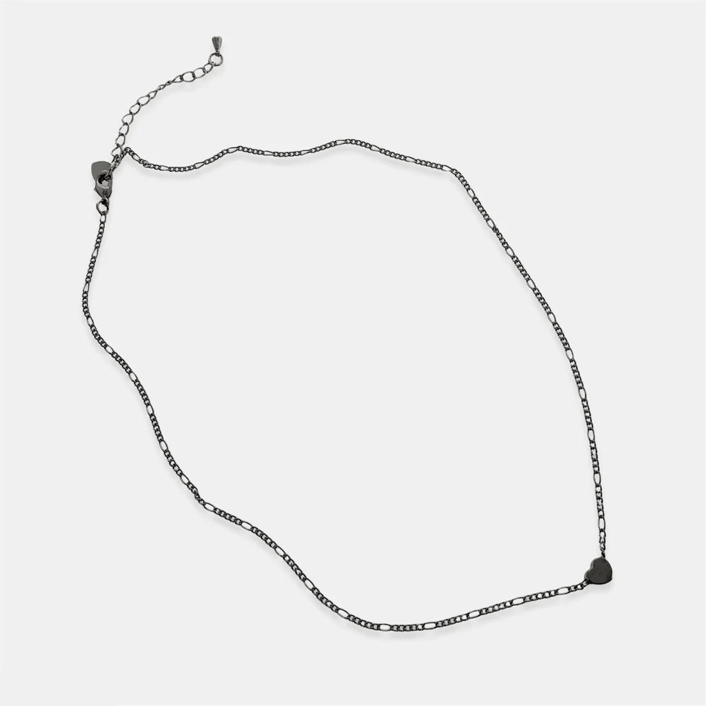 Thin Heart Pendant Figaro Necklace-Hematite(Gunmetal)