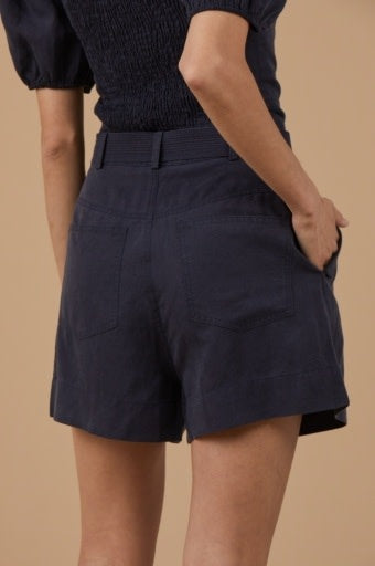 Robyn Belted Linen Shorts-Navy